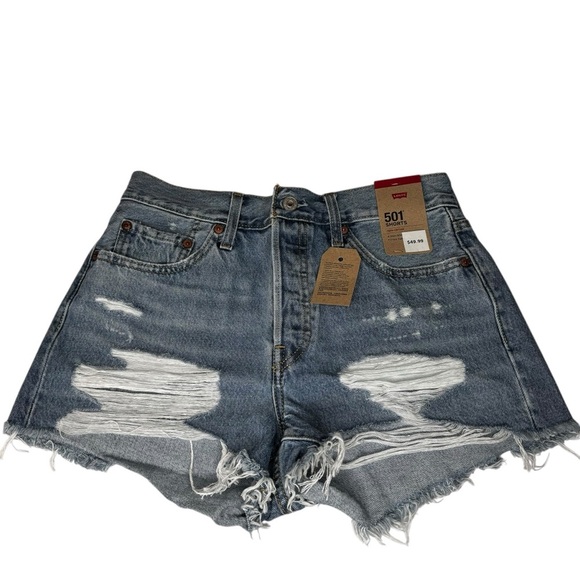 New Women’s Levi’s 501 Blue Denim Cutoff Shorts Distressed Button Fly  Size 28 - Picture 5 of 10